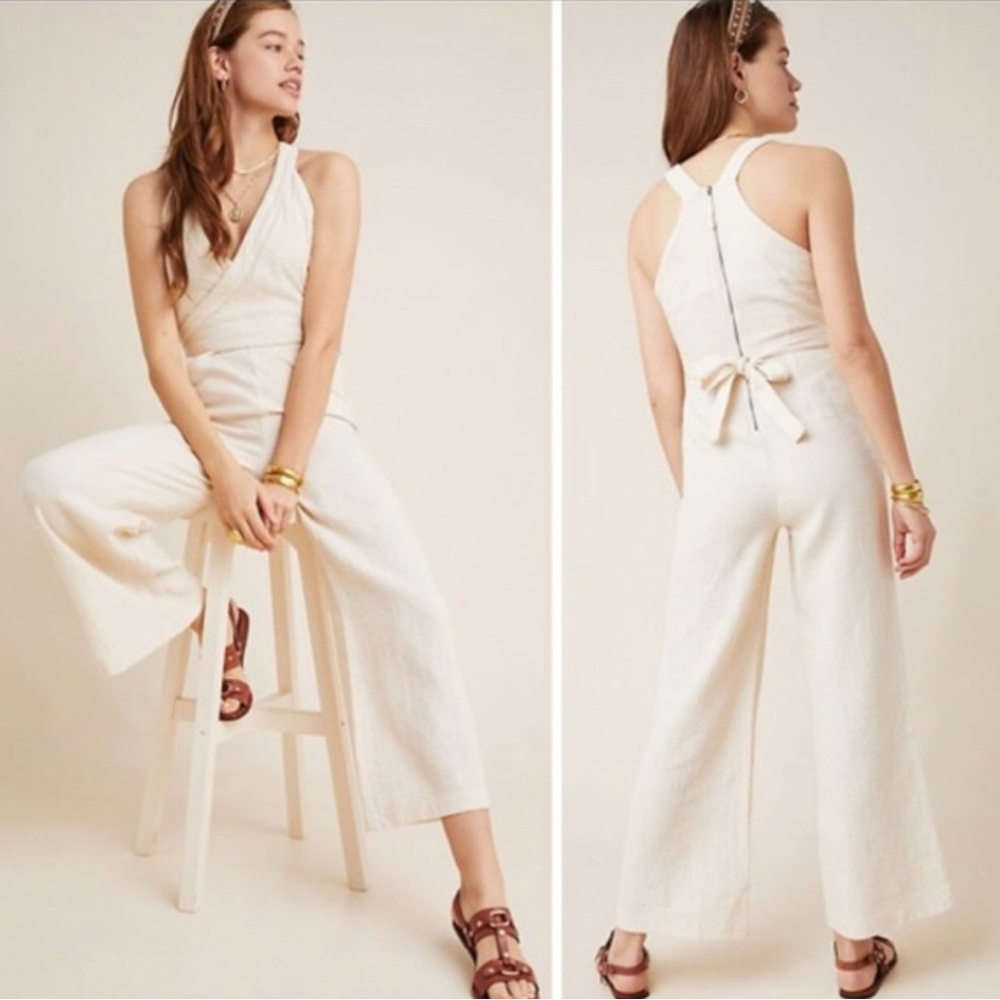 Anthropologie Cream Textured Halter Wide Leg Jumpsuit Wrap Front Size 0